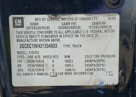 2002 Chevrolet Silverado 1500 Ls from USA, damaged, VIN 2GCEC19V421334833